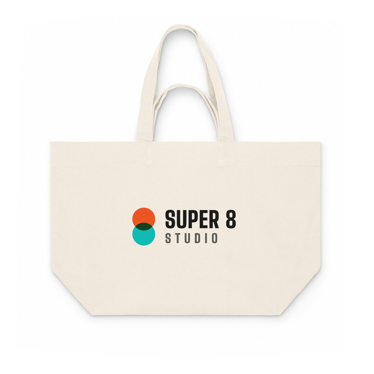 Super 8 Studio shopping bag in natural canvas, front, with the full-colour Super 8 Studio logo