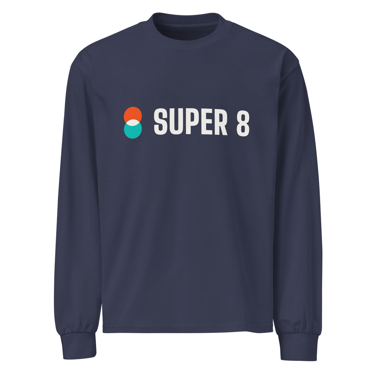 Super 8 heavyweight long sleeve tee in midnight blue, front, with the Super 8 logo across the chest