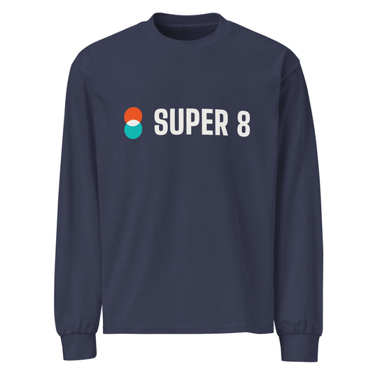 Super 8 heavyweight long sleeve tee in midnight blue, front, with the Super 8 logo across the chest