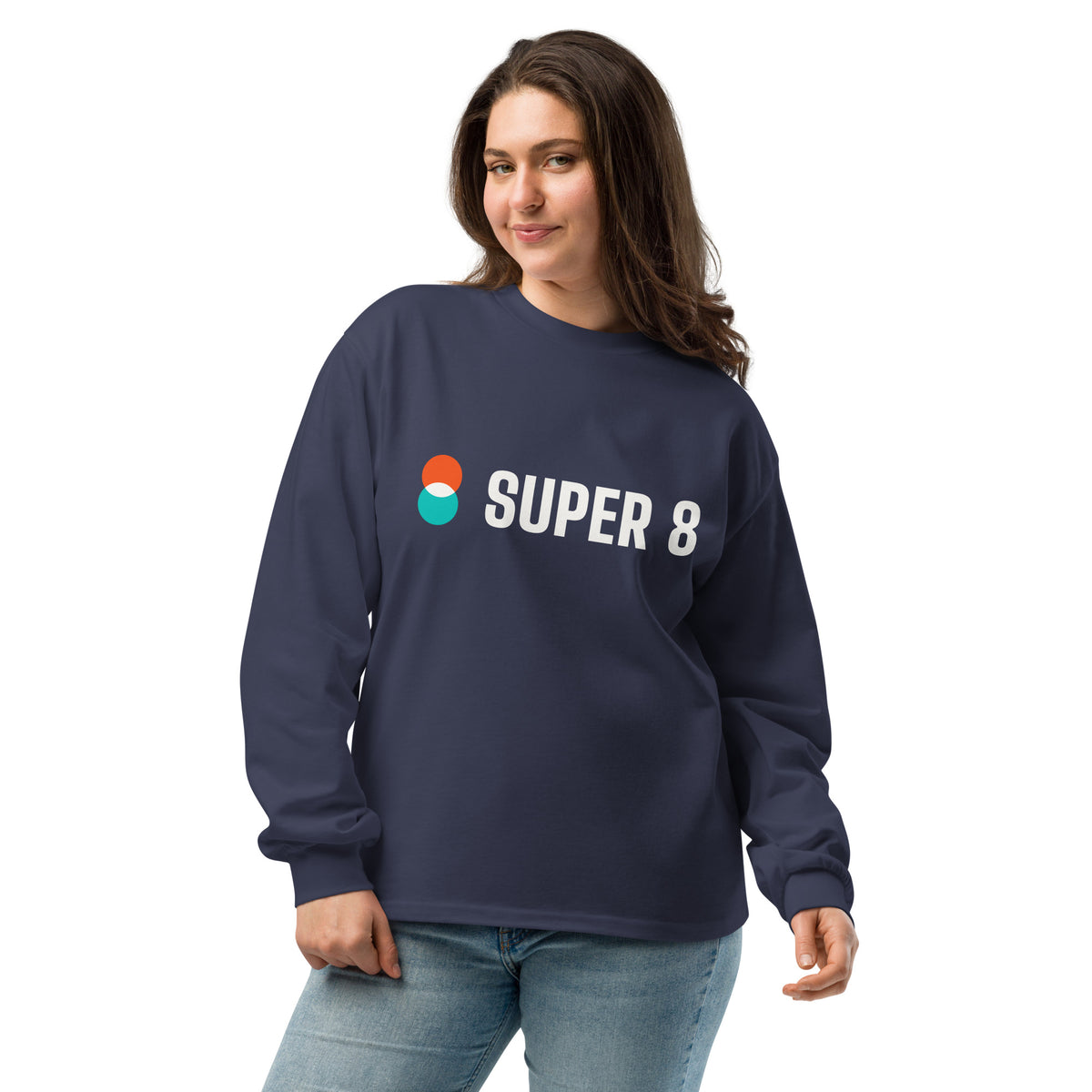 Super 8 heavyweight long sleeve tee in midnight blue, worn, front