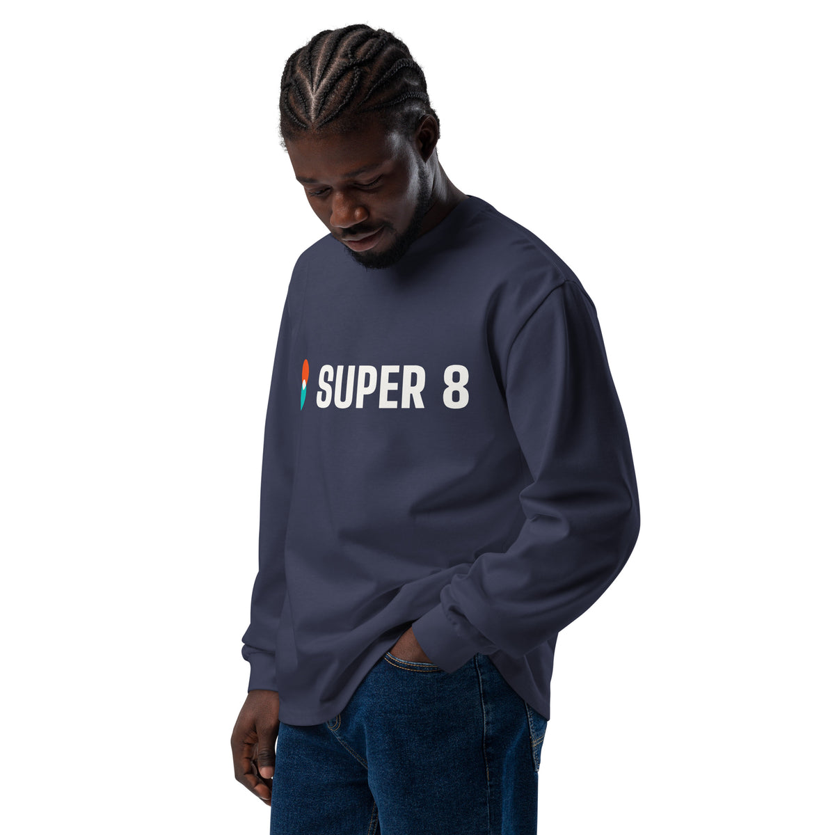 Super 8 heavyweight long sleeve tee in midnight blue, worn, from the left